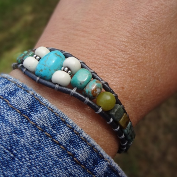 Gray Leather Wrap Bracelet w/Turquoise, Olive Jade & Sterling Silver -UNISEX - Picture 4 of 10